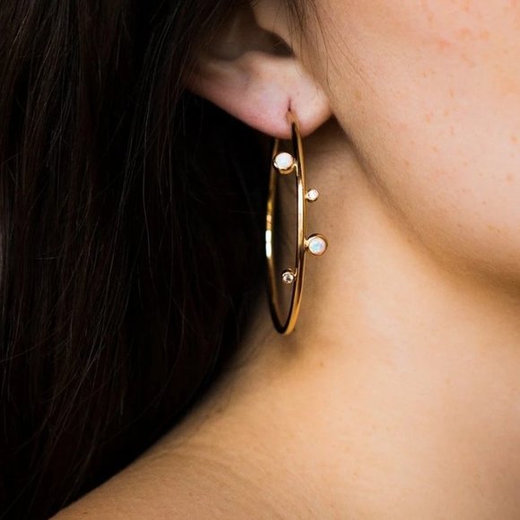 Tiny Beautiful Opal Gold Plated Big Hoop Earrings for Women, VP1013 - Picture 2 of 4